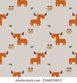 Deer cartoon so cute. On flower leaf gray background. Pattern seamless vector illustration. 
