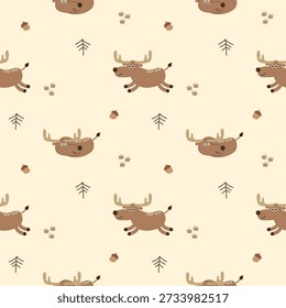 Deer cartoon so cute. On tree acorn grass background. Pattern seamless vector illustration. 