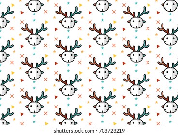 deer cartoon flat design background, face front deer pattern with square triangle circle line pattern pop art color, in illustration and animal logo vector design