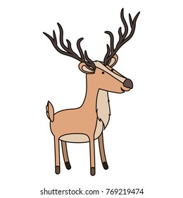deer cartoon with long horns colorful silhouette in white background with thin contour