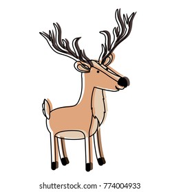 deer cartoon with long horns colorful silhouette in watercolor silhouette with thin contour