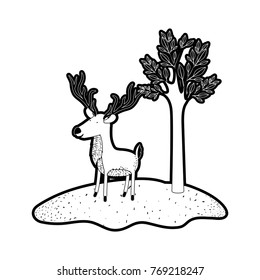 deer cartoon with long horns in forest next to the trees in black silhouette with thick contour