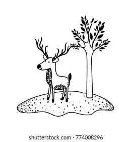 deer cartoon with long horns next to the tree in black sections silhouette
