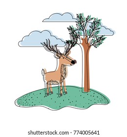 deer cartoon with long horns in outdoor scene with trees and clouds in watercolor silhouette