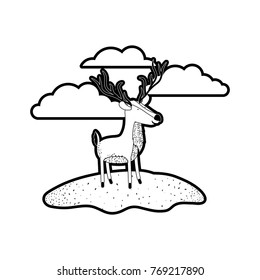 deer cartoon in outdoor scene with clouds in black silhouette with thick contour
