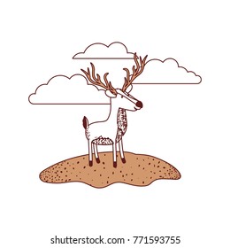deer cartoon in outdoor scene with clouds in color sections silhouette