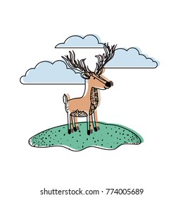 deer cartoon in outdoor scene with clouds in watercolor silhouette