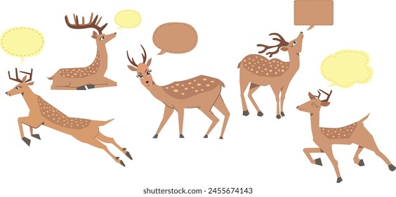 deer cartoon set, deer with speech bubble set,brown deer, jumping, happy fawn,vector isolated.