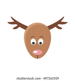 Deer cartoon sticker face. Red deer mammal with antler happy face. Funny sticker icon for children. Wildlife educational concept. Mask for masquerade, holiday, festival, halloween. Vector illustration