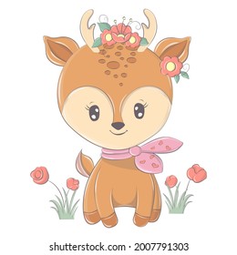 Deer in cartoon style isolated on white background. The images are made for children's products, as well as perfect for children's parties. The animal illustration smile sweetly and has beautiful 