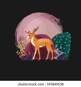 Deer cartoon vector illustration in forest (with bushes, trees and stones)