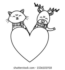 deer and cat love heart celebration merry christmas vector illustration thick line