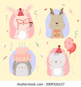 Deer, Cat, Penguin, Rabbit, Birthday Party Preparation Together. They Decorated The Venue With Balloons. And Prepare A Paper Shooter For Celebration Cartoon Vector Illustration In Flat Style