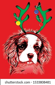 Deer Cavalier King Charles Spaniel dog. Christmas & new year vector illustration on red background