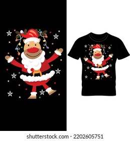 Deer Celebrating Christmas dressed as Santa Claus.Christmas T-Shirt Design.
