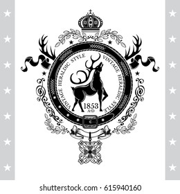 Deer in center of round belt with ribbons horn and pattern. Heraldic vintage label on white