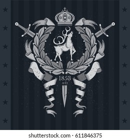 Deer in center of wreath with ribbons and swords. Heraldic vintage label on blackboard