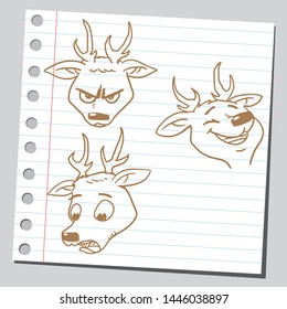 Deer character design.Cartoon style. (three different head poses and expressions).