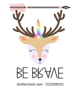 Deer for children in scandinavian style. Postcard of forest animals with the inscription. Be brave