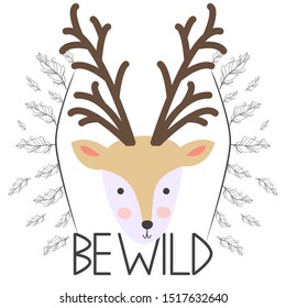 Deer for children in scandinavian style. Postcard of forest animals with the inscription. Design for Kids
