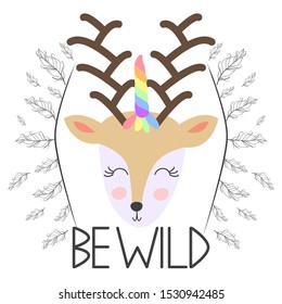 Deer for children in scandinavian style. Postcard of forest animals with the inscription. Design for Kids