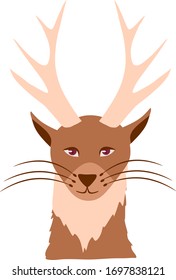 Deer chimera with a cat. It has large and beautiful corners. Scarlet eyes. Vector graphics.
