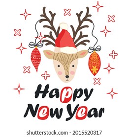 Deer with Christmas balls on the horns. Christmas card with a deer and letters. Cute winter poster, Christmas card, banner, sticker, gift tag