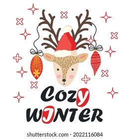 Deer with Christmas balls on the horns. Christmas card with a deer and letters. Cute winter poster, Christmas card, banner, sticker, gift tag