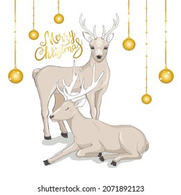 Deer with Christmas balls on the horns. Christmas card with a deer and letters. Cute winter poster, Christmas card, banner, sticker, gift tag