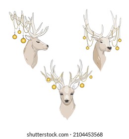 Deer with Christmas balls on the horns. Christmas card with a deer and letters. Cute winter poster, Christmas card, banner, sticker, gift tag
