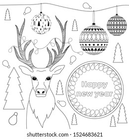 Deer, Christmas composition, light bulbs, balls, Christmas trees, coloring