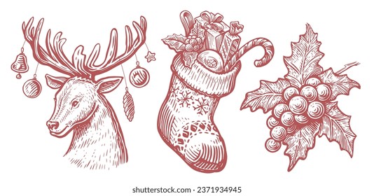 Deer with Christmas decorations, sock with gifts, holly berries. Vintage sketch vector illustration engraving style