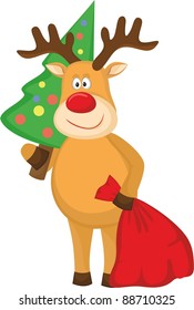 Deer with a Christmas fur-tree and a bag of gifts