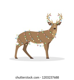 Deer in the Christmas garland. Flat vector illustration.