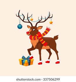 Deer with a Christmas Garland on the Horns wearing red Boots stepping on a Present Box. Vector Illustration