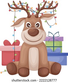 Deer. A Christmas deer with garlands on its horns surrounded by gift boxes. Cute New Year s deer. Vector illustration on a white background
