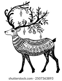 Deer Christmas Line Drawing Illustration