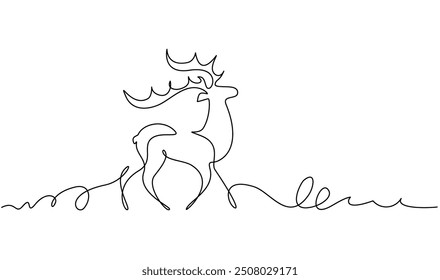 Deer. Christmas or New Year decoration. Continuous one line drawing. Contour sketch of reindeer. Forest wild deer in single line. Modern vector illustration in minimalistic abstract style.