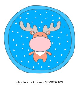 Navidad venada en un fondo de cielo azul con copos de nieve. Decoración de Año Nuevo o Navidad en forma de pegatina redonda o un lindo juguete de árbol de Navidad. Ilustración vectorial aislada en fondo blanco.