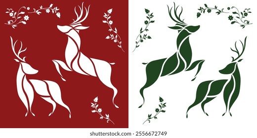 deer christmas ornament outline blank majestic, elk characters mascot december star bell vector cartoon illustration reindeer rain deer dear tree snow pine tree outline logo red green