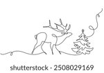 Deer with Christmas tree. Christmas or New Year decoration. Continuous one line drawing. Contour sketch of reindeer. Forest wild deer in single line. Modern vector illustration in minimalistic style