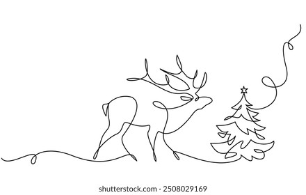 Deer with Christmas tree. Christmas or New Year decoration. Continuous one line drawing. Contour sketch of reindeer. Forest wild deer in single line. Modern vector illustration in minimalistic style