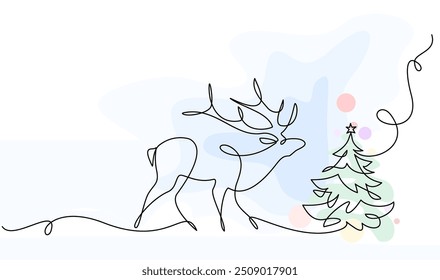 Deer with Christmas tree. Christmas or New Year decoration. Continuous one line drawing. Contour sketch of reindeer. Modern vector illustration 