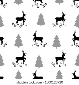 Deer, christmas tree seamless pattern. Fashion graphic background design. Modern stylish abstract texture. Monochrome template for prints, textiles, wrapping, wallpaper, etc. Vector illustration