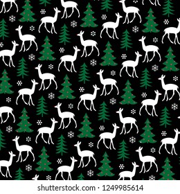 deer and christmas trees on black background