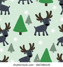 Árboles de venado y Navidad en un fondo claro con nieve. Símbolo animal y vacaciones de Navidad, Año Nuevo, para textiles para niños, tela, fondo, papel de envoltura, Papel tapiz, pijama.