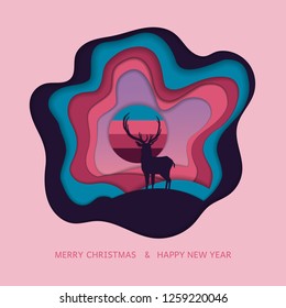 Deer and christmas.vector paper art.