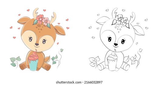 Deer Clipart Multicolored and Black and White. Beautiful Clip Art Deer with Milkshake. Vector Illustration of an Animal for Prints for Clothes, Stickers, Baby Shower, Coloring Pages