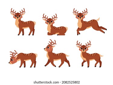 Deer collection. Cute brown spotted deer with horns. Forest wild animal set. Vector cartoon illustration. Isolated on white background.