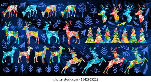 Deer collection. Night forest set. New Year, Christmas tree, branches, star, snowflake. Beautiful design elements decoration background, cover, greeting cards. Hand drawn vector illustration